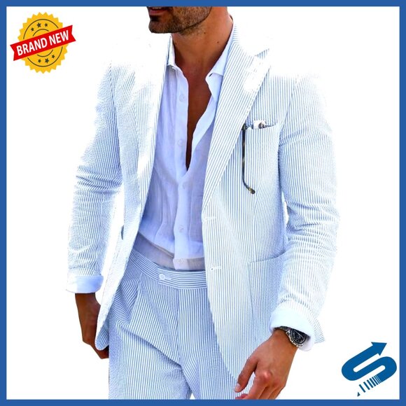 Seersucker Suit Slim Fit Summer Wedding Formal Business Polyester Cotton